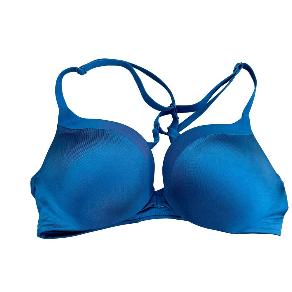 Victoria Secret 32B racerback tagless padded blue silky bra soft EUC